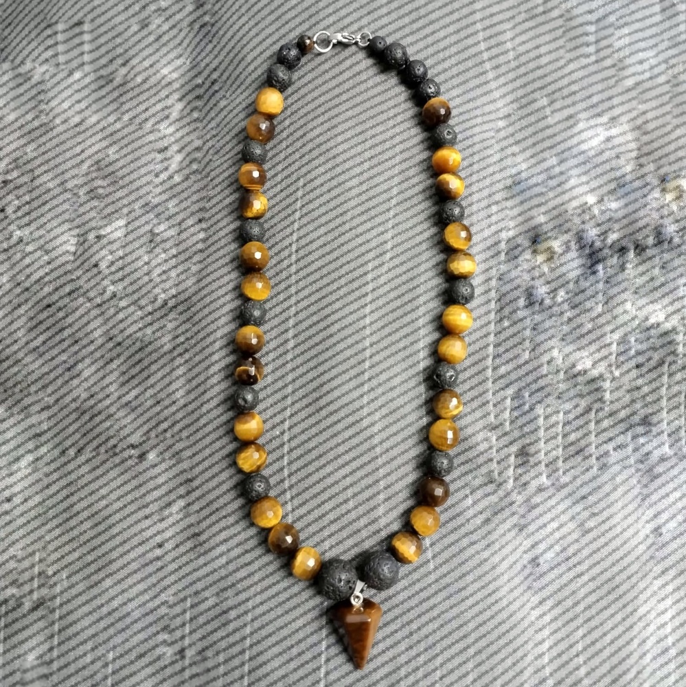 Tiger's eye and volcanic stone necklace with pendant 