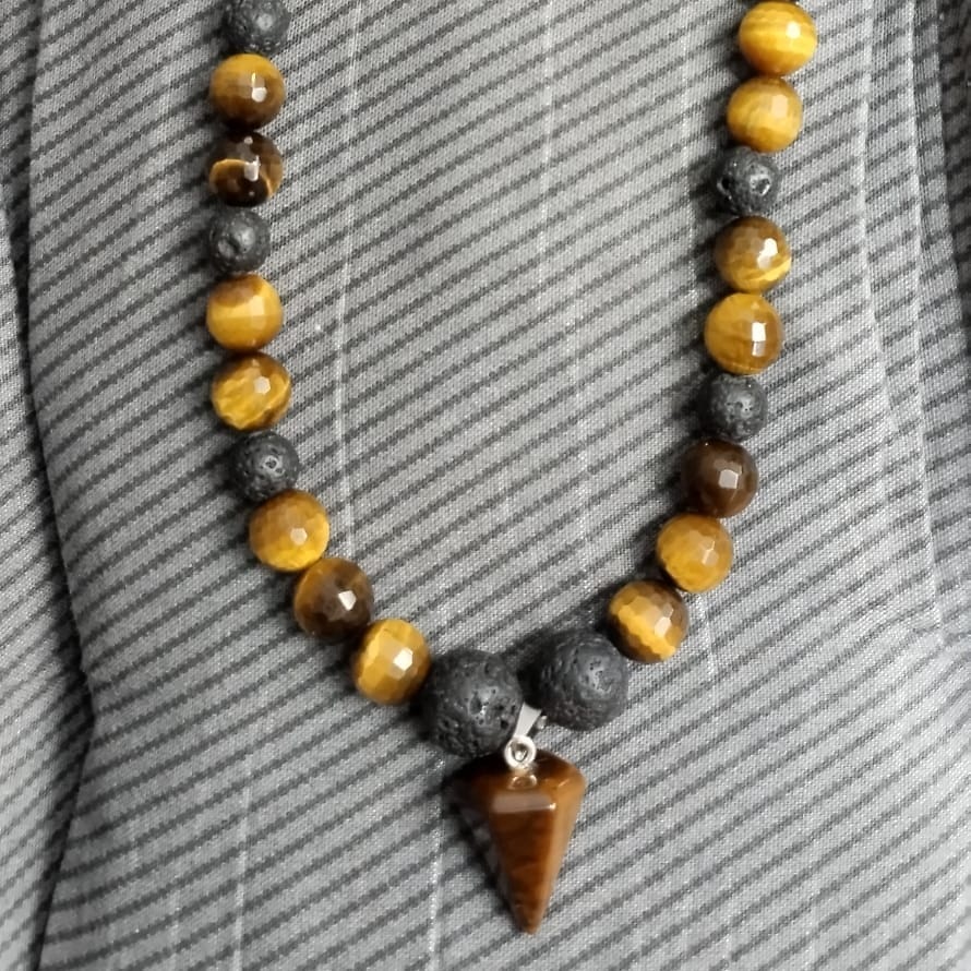 Tiger's eye and volcanic stone necklace with pendant 