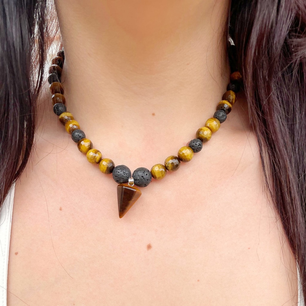 Tiger's eye and volcanic stone necklace with pendant 